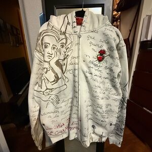 PALACE Cream/White Scripted Zip Hoodie with Red Heart Patch Frida Khalo